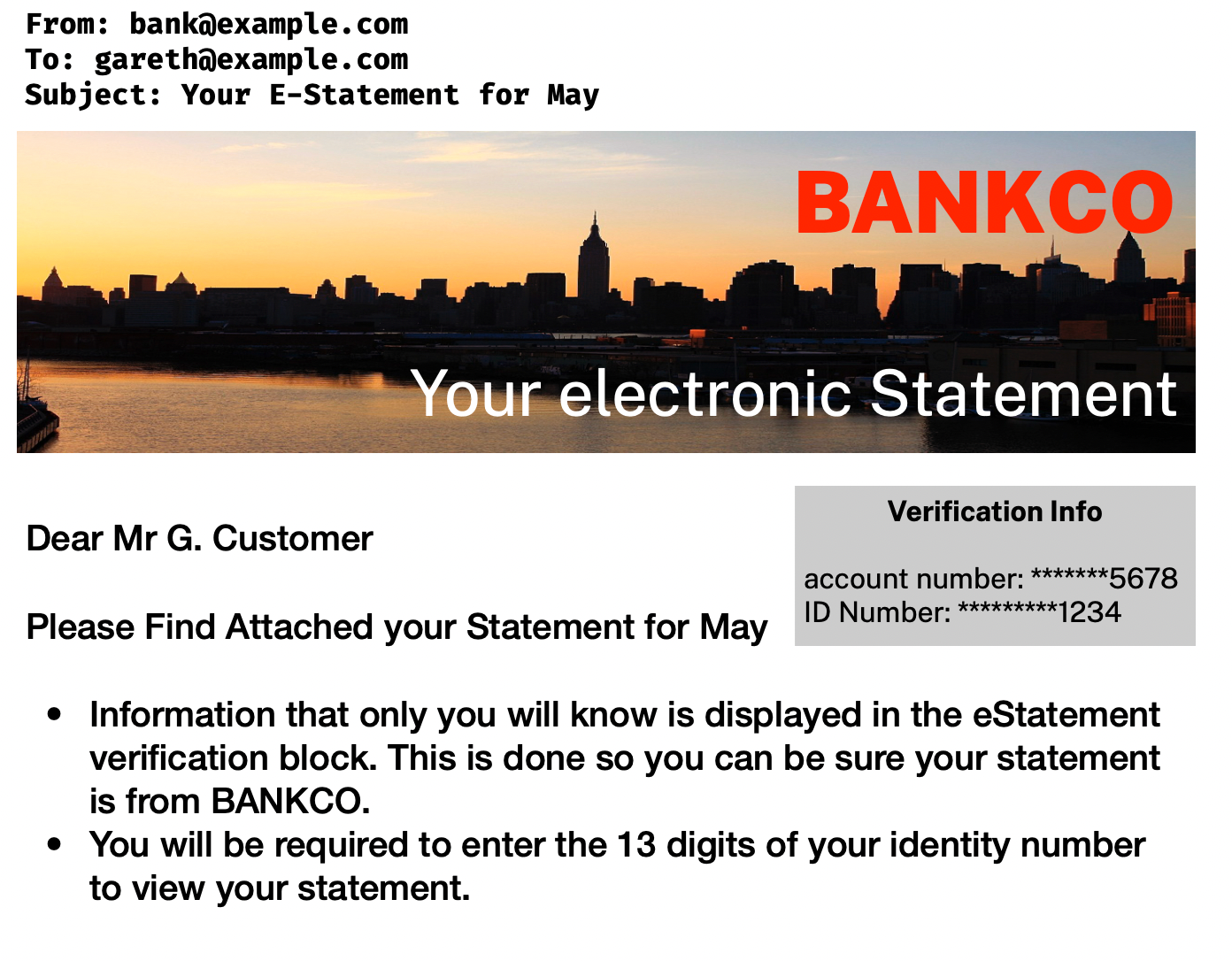 A badly recreated email from a bank, with a banner "your electronic statement". The intro reads: Dear Mr G. Customer Please Find Attached your Statement for May • Information that only you will know is displayed in the eStatement verification block. This is done so you can be sure your statement is from BANKCO. • You will be required to enter the 13 digits of your identity number to view your statement. There is an additional box: Verification Info account number: *******5678 ID Number: *********1234